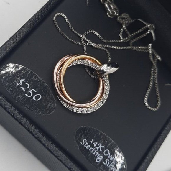 Estate Macy's Diamond Tri-Color 14K gold over/SS Circle Infinity Necklace - Picture 2 of 8